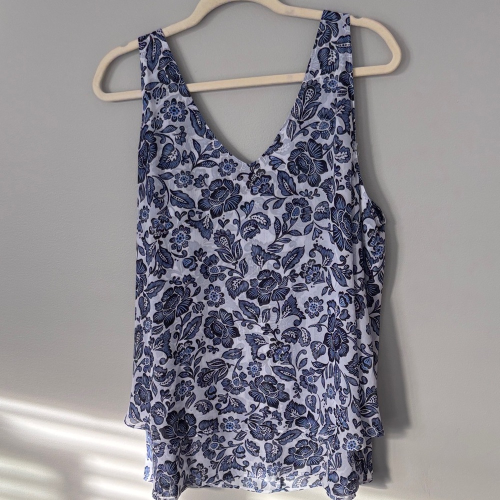 Lane Bryant Blue and White Floral V-Neck Tank Top
